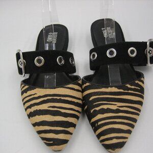 Bleecker & Bond Animal Print Strap Buckle Mules Black 9 Gold Tan Flats Real Fur